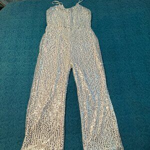 Double Crazy Sequin Zip Back Wide Leg Cami White Jumpsuit Women's Size L